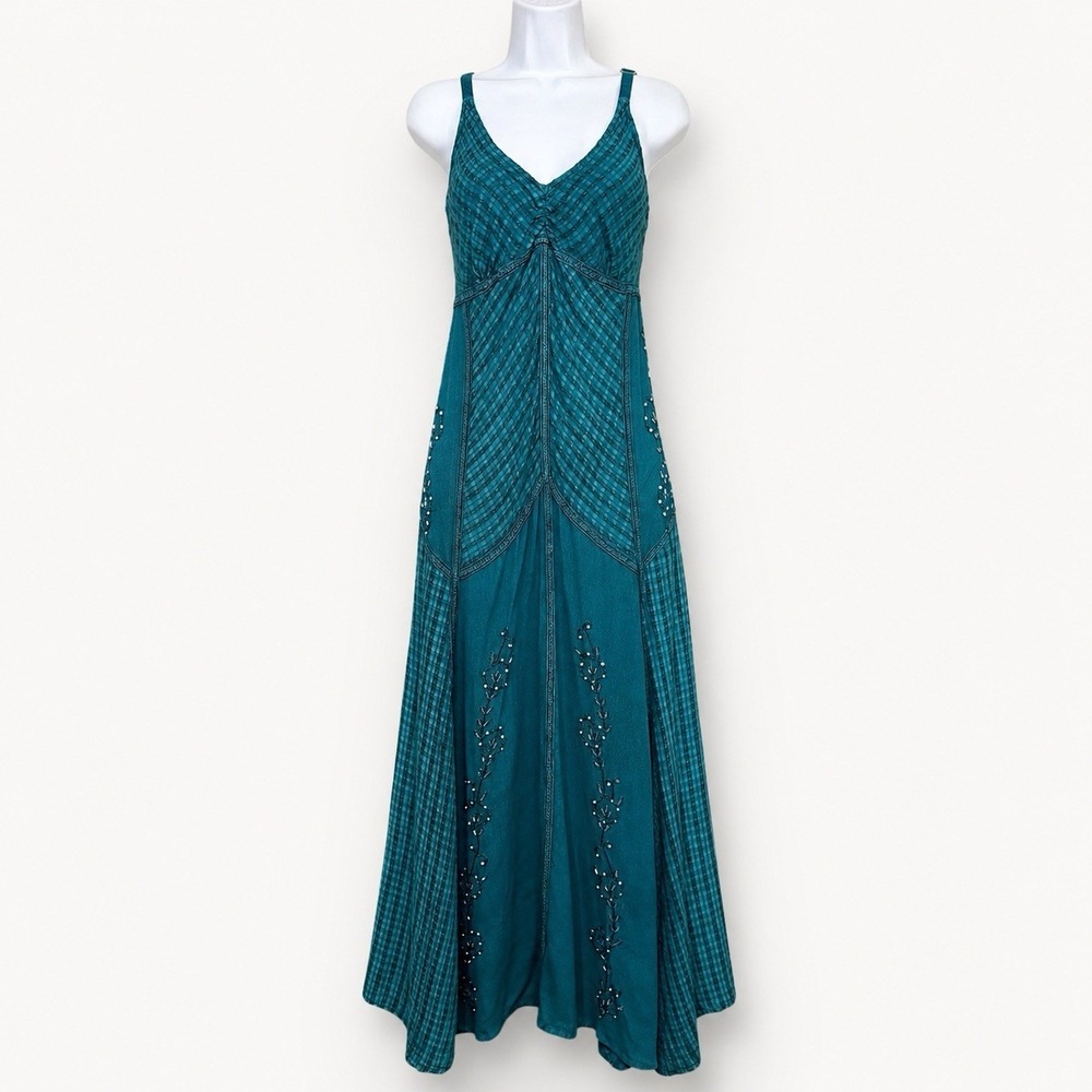 Boho Fairycore Maxi Dress Teal Asymmetrical Hem Embroidered Beaded L/XL India